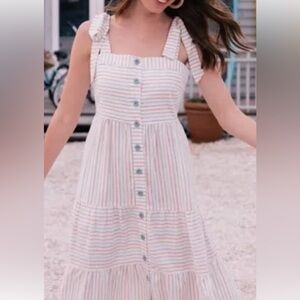 Gal Meets Glam Connie Shoulder Tie Buttoned Front Midi Sundress